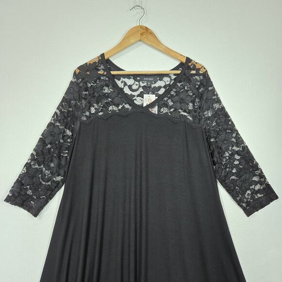 Karen Kane Swing Midi Dress 2X Black Knit Lace Yoke Long Sleeve Whimsigoth Boho - Picture 3 of 15